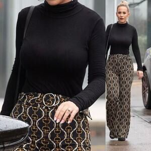 Zara Wide Leg Flare Belt Horsebit Chain Pattern Pants Festive Small High Rise